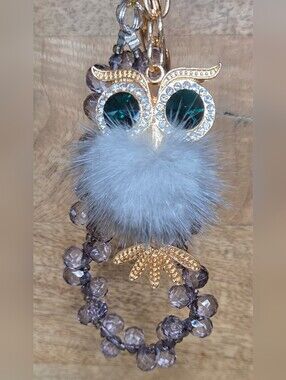 Gold Owl Fuzzy Belly Keychain with Gray Fur and Smoky Beaded Wristlet!